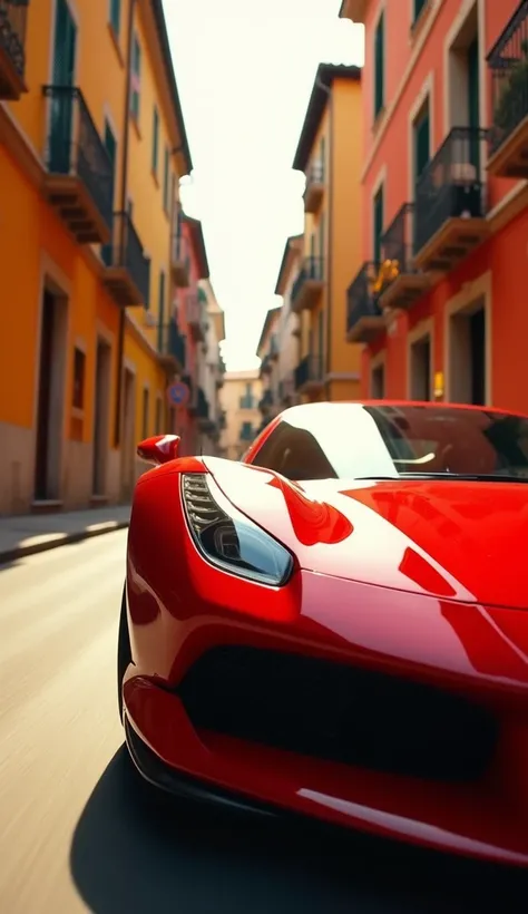 Close-up shot of a gleaming red Ferrari SF90 Stradale accelerating down a narrow, sunlit Italian street. The car’s glossy paint captures the vibrant colors of the surrounding buildings—rich terracotta and bright yellow walls with intricate iron balconies. ...