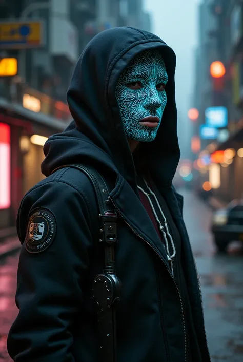 /image a cool cyeber punk guy waring a maske with light paterns to describe his emotion, wearing a hudy or a cool jacket, have an arm that is robotic