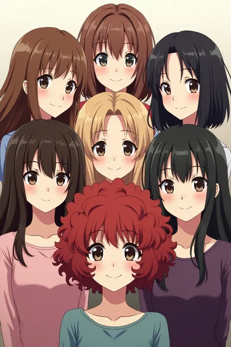 7 Realistic anime-style girls, one with curly hair, brown skin and brown eyes, another with wavy hair, light brown skin, brown hair and brown eyes, another with curly and short red hair, dark brown skin and brown eyes, others may be standard.