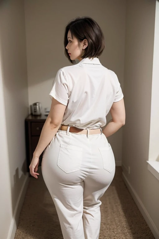  A woman in a white shirt and brown pants is standing in a room..、( plump and big ass with short hair )、