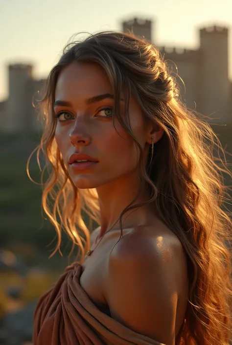 a beautiful nude portrait of Helen of Troy, extremely detailed face and body, long flowing hair, serene expression, Troy castle in the background, photorealistic, 8K, high quality, masterpiece, dramatic lighting, vibrant colors, cinematic composition