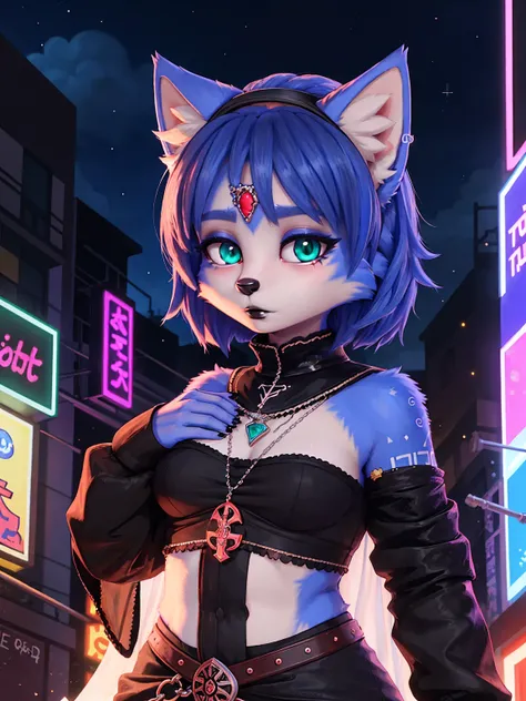 A portrait of  ((krystal)), Star Fox-Krystal, lovable, green eyes, ((( long blue hair 1 .3))), Decollete, anthro, Fuzzy,  detailed Fluffys fell, Detailed face, (Fluffy),  1 girl, ,woman, Goth, green eyes, undercut, ultra-realistic 8k cg ,  masterpiece, (( ...