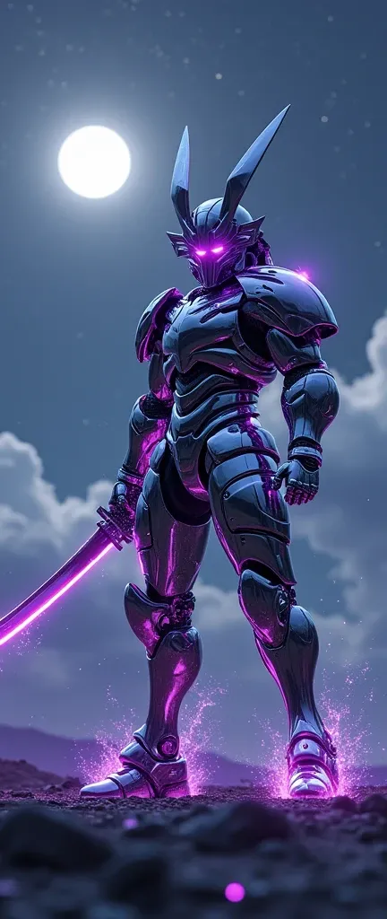 a completely chrome-plated samurai robot, holding a large completely chrome-plated katana, the gaps in the armor and mask exude a purple glow with purple sparks, the samurai holds the sword in an attacking position, the moon can be seen far away in the sky