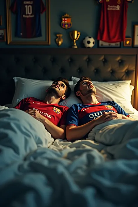 Messi Cristiano lying on a bed 