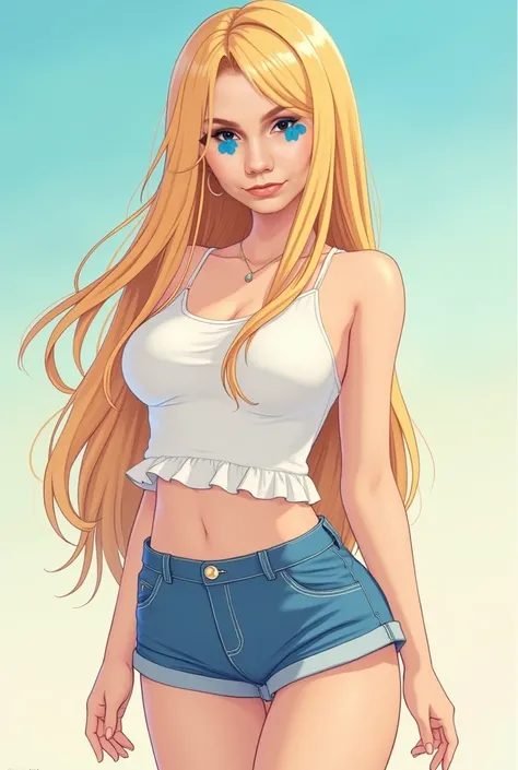 
blond woman in a white top and blue shorts posing for a picture, a pastel inspired by INO, featured on reddit, renaissance, amouranth, young beautiful amouranth, anime girl in real life, belle delphine, rena nounen style 3/4, better known as amouranth, se...