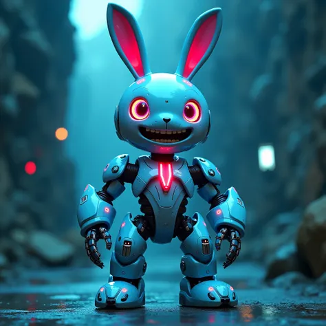 An animatronic with an impressive body,  the size of an average person ,  looking similar to a stylized and futuristic rabbit .  His design has a polished and shiny appearance ,  with main shades of blue in his sky blue body and secondary details in blue d...