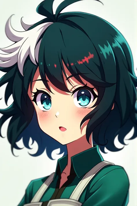  You have a girl in the style of Boku no Hero Academia with the following appearance: short shoulder-length hair, color black with a white and green tuft ,wavy hair, blue eyes, the right eye is bluer and a red flash , red lips, long eyelashes ,pale skin an...