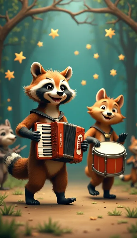 A raccoon with an accordion, dancing. A bear with an accordion, dancing a little. Wolves playing drums, walking to the beat of the music. Effects: Each animal is highlighted with a small animation (e.g. stars around).