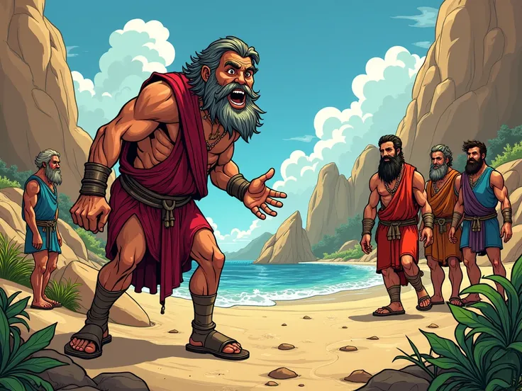 Filoctetes is being looked for again by his companions with a comic drawing style
