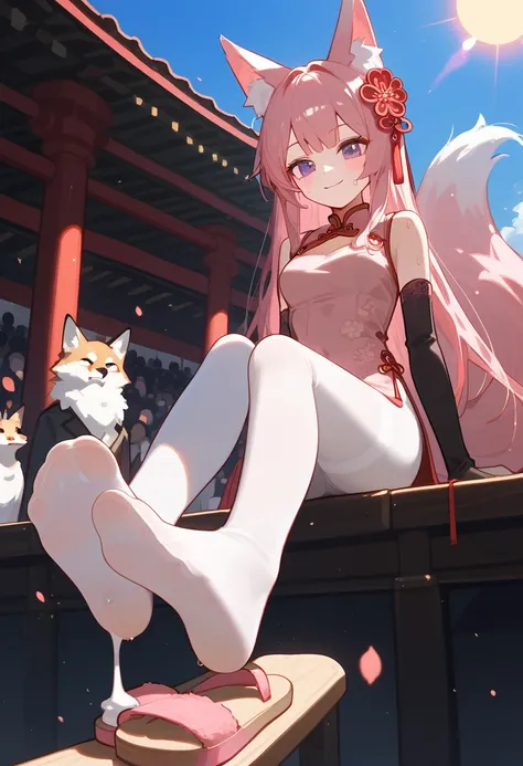 Fraction_9,Fraction_8_direction_7_up, 1 girl，Fox Girl,foot,Gloves,single pink lace slippers，only, Purple Eyes ,赤foot, white fox ears ,Chest,solitary, long hair， White Leggings ，Pink Hair,black Gloves,foot趾,foot部焦点, watching the audience,sit,sweat, Perfect ...