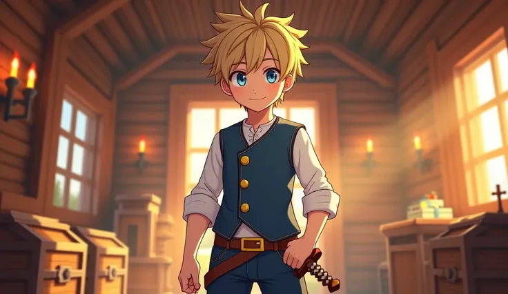 A vibrant anime-style illustration of a young male adventurer standing confidently inside a cozy wooden cabin inspired by Minecraft. The character has messy blonde hair with light brown tones and expressive bright blue eyes. He wears a long-sleeve white sh...