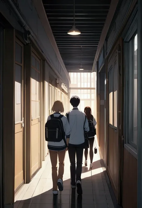  Two students are walking down the corridor of the high school, and one of them is looking at his cell phone  