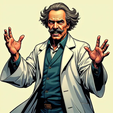 Friedrich Nietzsche with moustache and doctors robe standing, captured as if I were speaking , With gestures .comic style