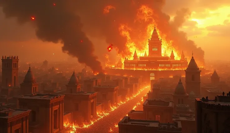 A biblical city on fire raining small fireballs