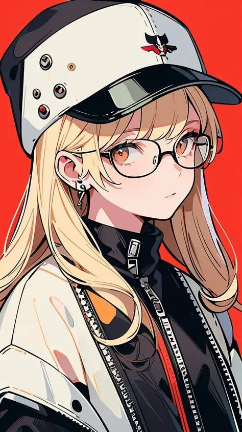 masterpiece, concept art, centered, close up shot, portrait, standing, 1girl, Melania, reverse 1999, glasses, long blonde hair, leather jacket, white sweater with zipper, black skirt, red legging, flat cap, museum background