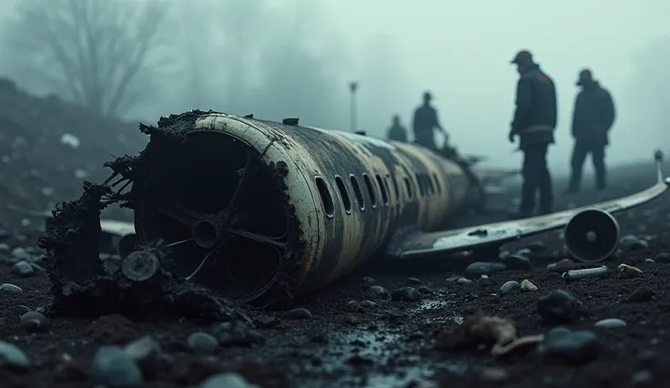 Close-up of a charred piece of the fuselage, emergency responders silhouetted in the background.
