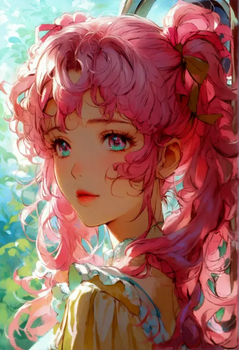 Cute woman pink hair 90s anime shoujo manga girly retro Naoko Takeuchi fluffy wavy hair long hair pastel color ribbon eyes screen simple background