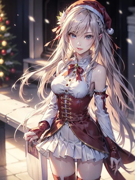 A highly detailed and vibrant 8K anime-style image of a cute girl dressed as Santa Claus in a cozy, festive room decorated for Christmas. The girl has big, sparkling eyes, a cheerful smile, and is wearing a red and white Santa outfit with fluffy trim, a Sa...