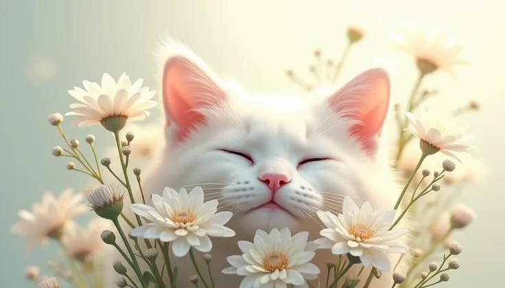 Furry head of white cat in white bouquet，Pure white atmosphere，soft light，surrealistic animal illustration style，akos major， soft gradients ，mural，artistic sprout，illustration