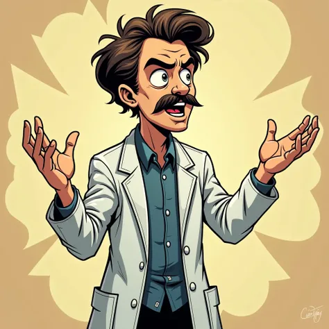 Friedrich Nietzsche young man with moustache and doctors coat standing, captured as if I were speaking , With gestures .comic style