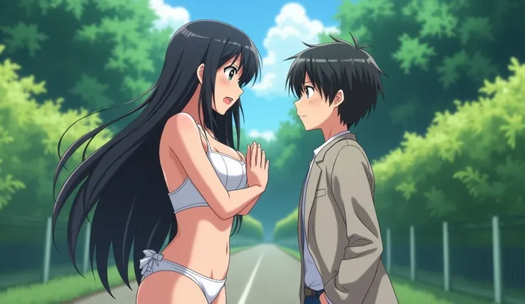 Create an image of a high school anime male student who accidentally sees a beautiful black haired sexy busty girl changing clothes. She has big boobs and curved body. The girl trying to cover herself and looking embarrassed. theyre in outdoor. anime style...