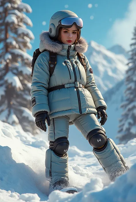 mastepiece, best quality, quantum space and digital art, Hermitpunk, Sturdy full-figured attractive and sexy young woman, Snowboarding, wearing mecha style winter clothes, Niji style 3D art, Robobotic Legs, Melting Large Brown Eyes, 80mm, a nocturnalwasbi ...