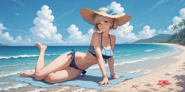 anime girl, beach, up view, full body