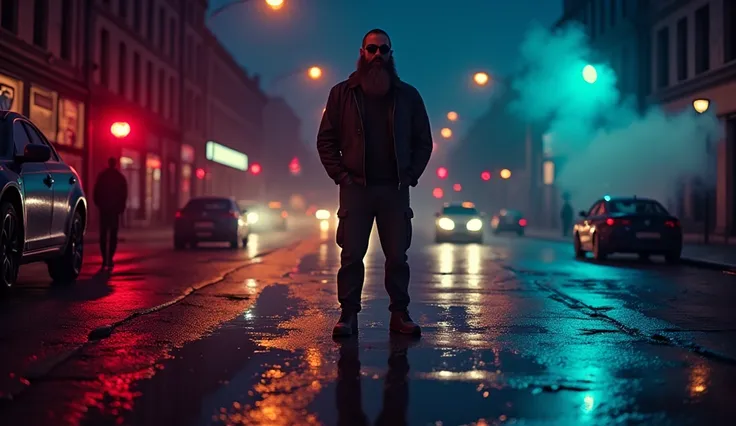 ((masterpiece)) ((photography)) ((Highest quality)) A bearded man wearing sunglasses stands in a wet street after a heavy rainstorm. A large puddle of water forms on the ground in front of him. The man exhales a thick cloud of vapor, with smoke visibly com...