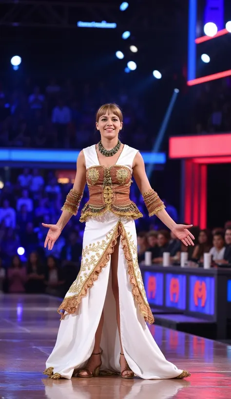 A   confidently walking on the stage of a talent show resembling Got Talent, surrounded by a large audience and bright stage lights. The  is wearing a vibrant and colorful outfit, with shades of white, brown, and gold, designed to capture attention. The ba...