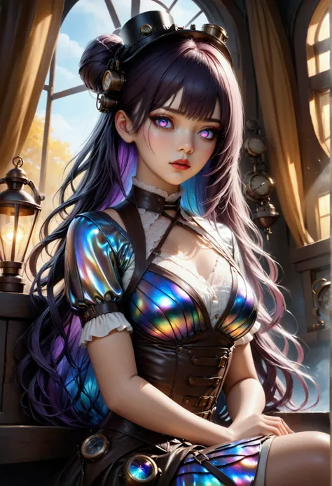 (masterpiece, aesthetic, detailed eyes, realistic), 1girl, mahiru shiina, Long smooth straight dark purple hair, inner dark iridescent hair, iridescent eyes, aesthetic figure, sitting in steampunk clothes, super detail, best quality, 8k, low angle