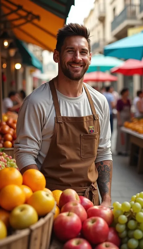 "A famous football player resembling Lionel Messi depicted as a friendly fruit vendor in a bustling market. He stands behind a wooden fruit stall filled with vibrant, fresh fruits like apples, oranges, bananas, and grapes. He wears a casual apron over a sp...