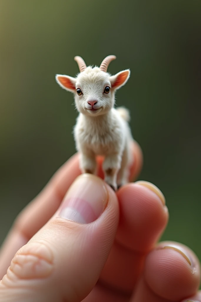 A little goat ,  with cute fur the size of a human finger,  shown at the closest distance while on a human finger. .  The body of the animal and all supported fingers are sharp ,  textural detail .  records every fine detail of the animal and the surface o...