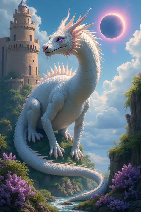 a realistic painting of a dragon with white scales and purple eyes ,  behind a sun-inspired castle with Jade flowers all around and an eclipse peeking in the sky 