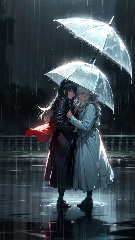 a couple of people walking in the rain with umbrellas, it is night and raining, late night raining, raining! nighttime, like tears in rain time to die, strong rain night, rain!!!!, rainin g at night, animation film, cutscene, youtu be thumbnail, it is rain...