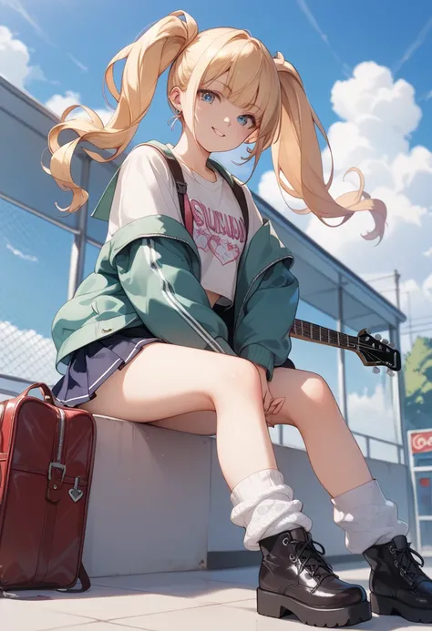  school rooftop during lunch break、You can see the ocean、guitar。2 high school girls、 ultra mini skirt with hidden hands、anime、 twin tails、 loose socks、 gal、Platform boots