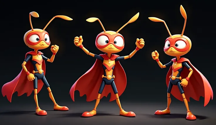 Cute, digital 2d a super hero ANT cartoonish in many different poses and emotions against black background,