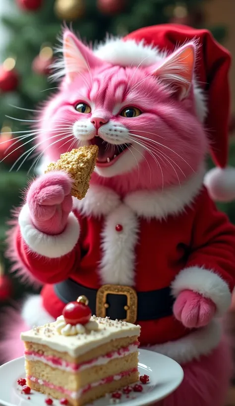 ショッキングピンクの猫。猫の毛は美しい。A cat dressed as Santa Claus happily eats Christmas cake while making movements to express the emotion "delicious".