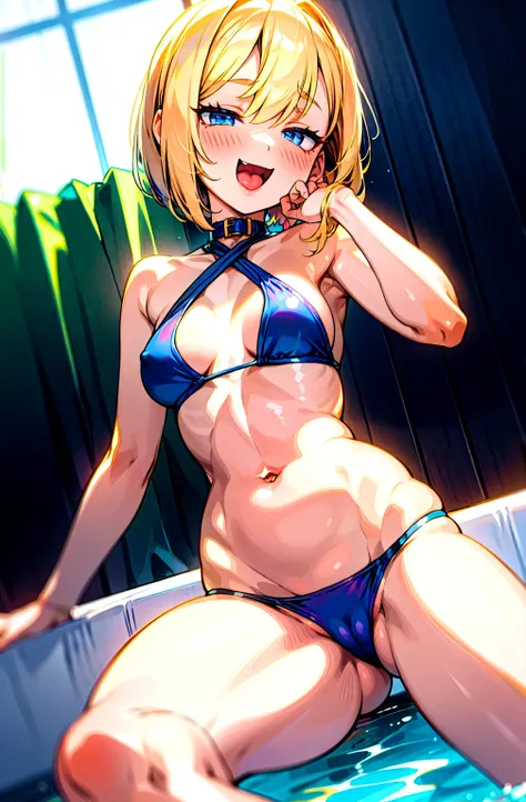    1 girl,  Blonde Bob Hair  ,    blue eyes,  White Bikini,Realistic background pool  , stylish adult woman in 、 normal breasts  , Awkward,  grimace  ,   Bransing ,   open mouth wide, bangs between eyes, Front View、 high definition ,  blush,  Anatomically ...