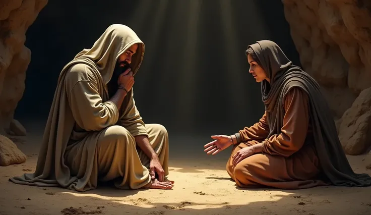 A man in biblical clothes with his head down sad in a cave and two women in biblical clothes talking to him