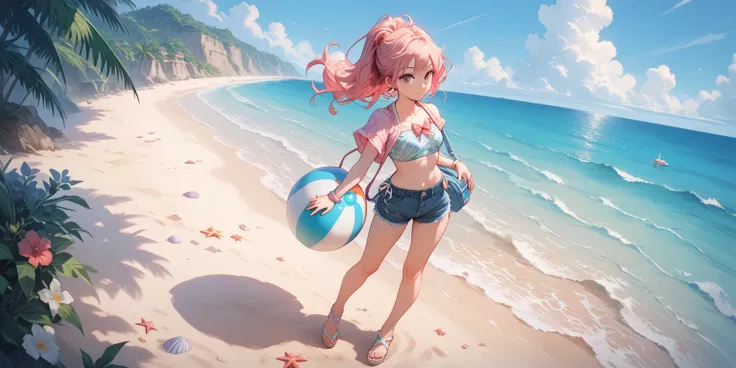 anime girl, beach, up view, full body, pink hair, up angle, standing, dynamic perspective