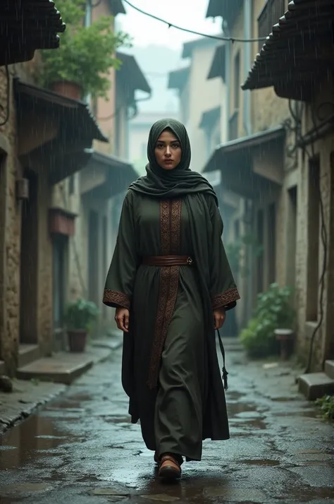 Authentic Iranian lady walking in the rain in an old neighborhood in traditional dress