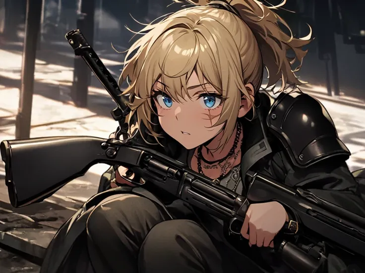 girl , stigma , Short hair , Ponytail , necklace , Messy hair , Sword behind , Light blonde hair , Cool Dere , Blue eyes , Long coat , Shotgun shells , Shoulder armor , scar , High Definition .