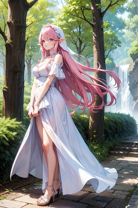 Woman elf long pink hair blue eyes medium breast forest white dress