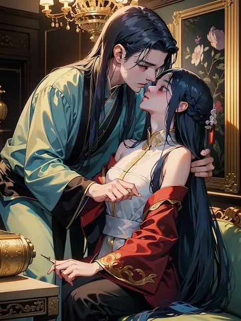 ((masterpiece)),  Best Quality, Outstanding illustration, (((A couple kissing))), Soft Focus, (((1短黑发男孩是漫畫人物宇志波佐助))) (((black eyes))), (((1 (((Deep blue hair)))  long straight hair Liu Hai ))) ((( silver eyes ))), Japanese costume , opulent and exquisite a...