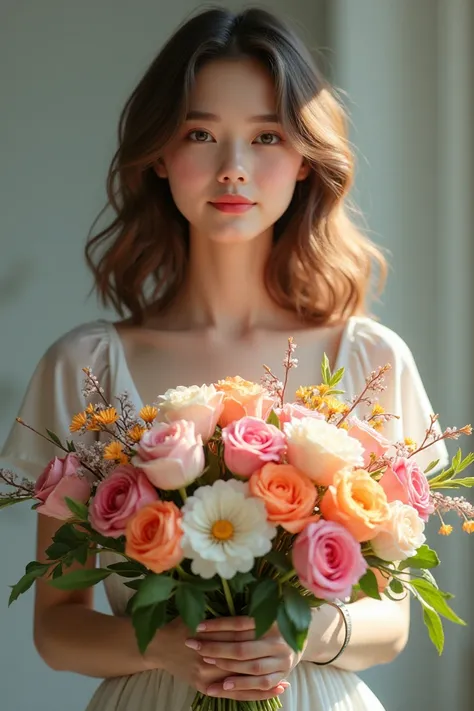 a 25 year old girl, medium hair, wavy, semi new,  BOUQUET 