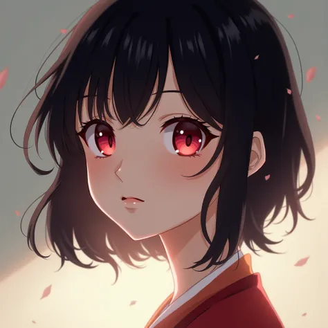 pretty anime with red eyes and black hair, short hair or pony tail is ok, 

