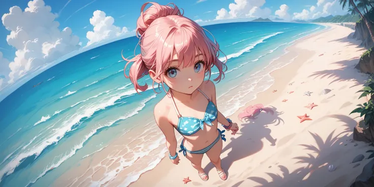 anime girl, beach, up view, full body, pink hair, up angle, standing, dynamic perspective, front view, looking above