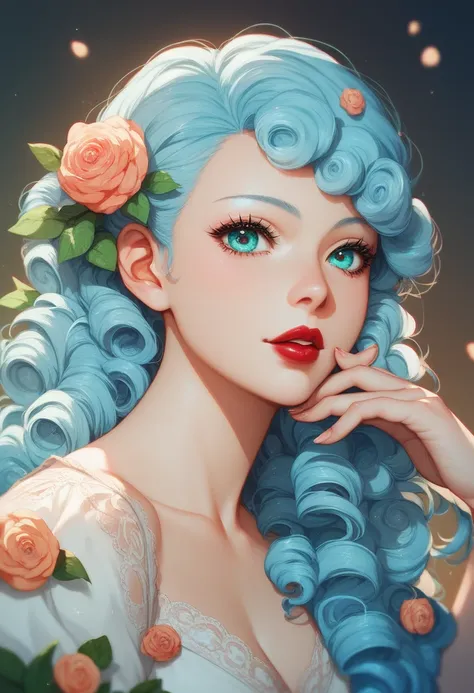  light blue hair , turquoise eyes,  long eyelashes ,  big red lips , apricot eyes, Beauty, femenino,  curly hair , Princess