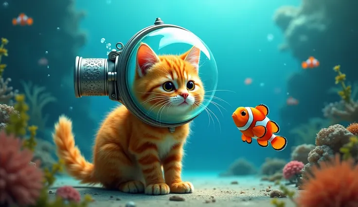 
The big orange cat with its head in a round glass tube meets the Nemo fish in the bottom of the sea