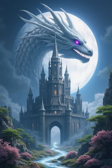 A realistic painting of a castle inspired by the sun with jade flowers around it and a lunar eclipse predominating in the sky and in the background a powerful dragon with white scales and purple eyes with an intimidating expression and on one side of it th...